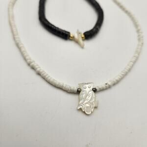 Puka Shell Necklace Bracelet Set Owl Bird Pendant Barrel Clasp Vintage Boho Y2K